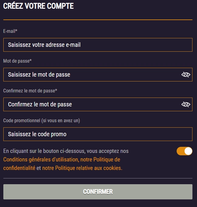 SpinKings24 Casino formulaire de création de compte avec e-mail, mot de passe et code promo